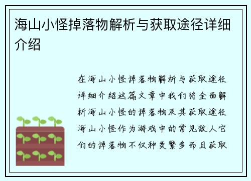 海山小怪掉落物解析与获取途径详细介绍